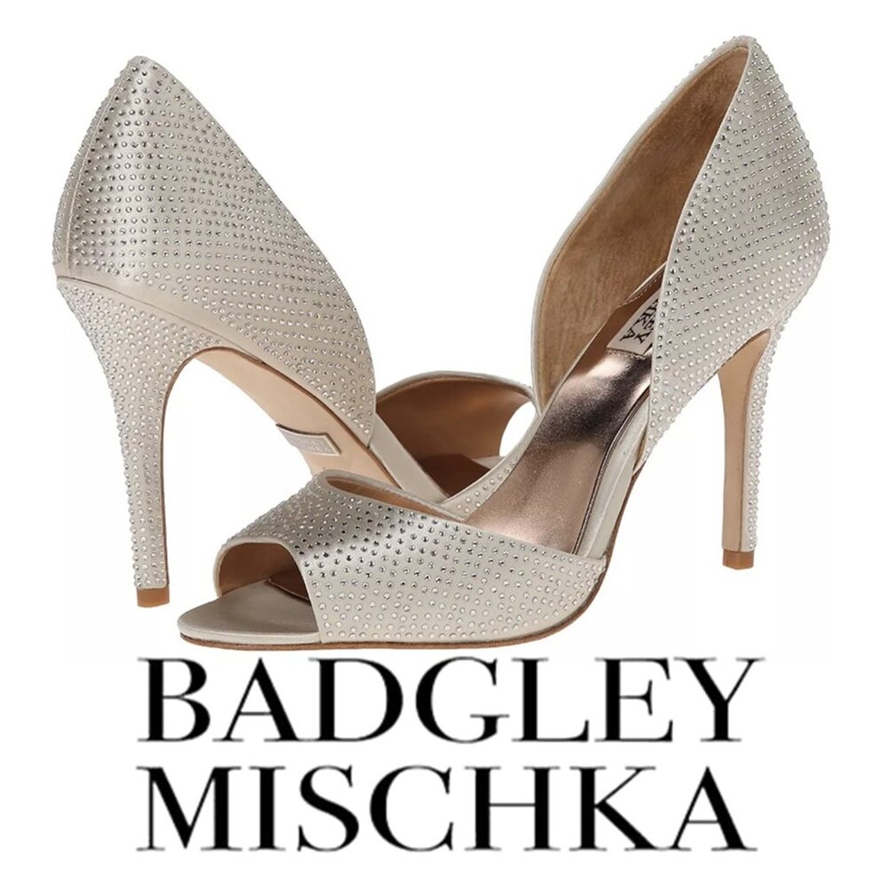 BADGLEY MISCHKA "Mitzi" Satin Crystal Embellishments D'Orsay Pumps 💎 Size: 9